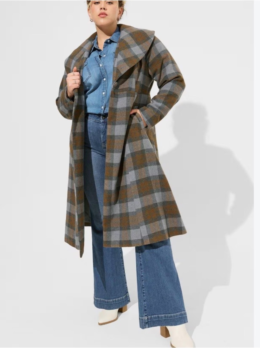 Torrid Outlander Womens Plaid Long Coat in Brown and Gray